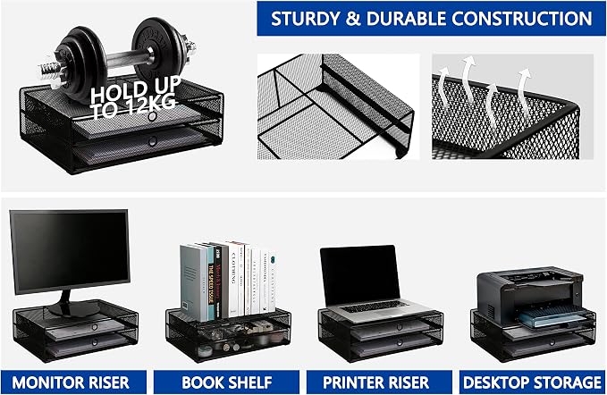 Exerz Monitor Display Stand with Drawers - Desk Organizer with Computer Monitor Stand Riser - Max 15kgs