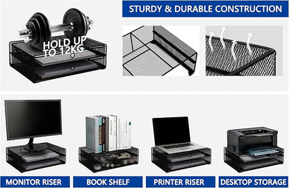 Exerz Monitor Display Stand with Drawers - Desk Organizer with Computer Monitor Stand Riser - Max 15kgs