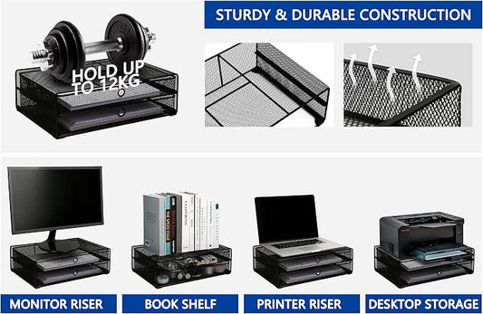 Exerz Monitor Display Stand with Drawers - Desk Organizer with Computer Monitor Stand Riser - Max 15kgs