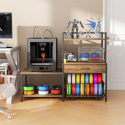 Saudism 3D Printer Stand with Storage Drawer and Rolling Filament Basket, Industrial Printer Table with Open Shelves and Hooks, Sturdy Metal Workstation for 3D Printing Tools and Accessories (Brown)