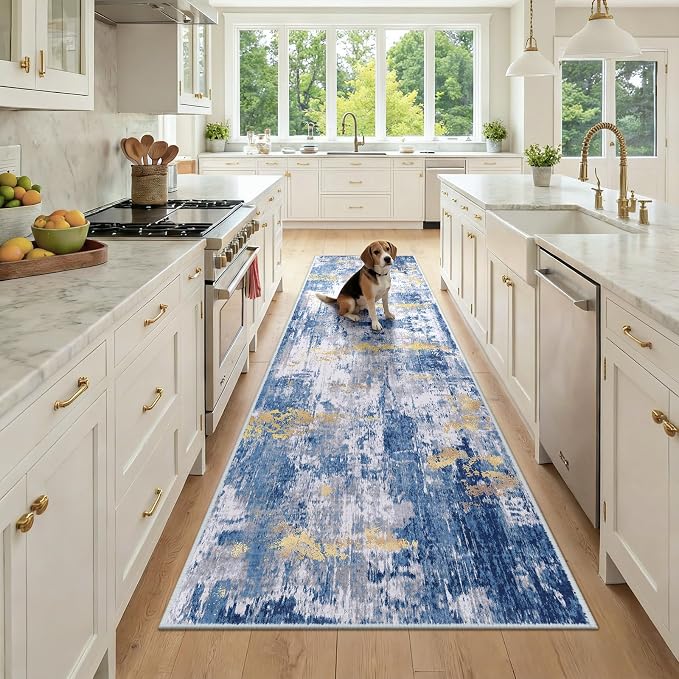 RELEANY Washable Area Rugs 3x9 Non-Slip Modern Abstract Soft for Living Room Entryway Bedroom Kitchen, Print Pattern, Grey Blue Gold/Golden
