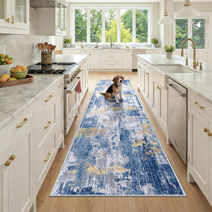 RELEANY Washable Area Rugs 3x9 Non-Slip Modern Abstract Soft for Living Room Entryway Bedroom Kitchen, Print Pattern, Grey Blue Gold/Golden