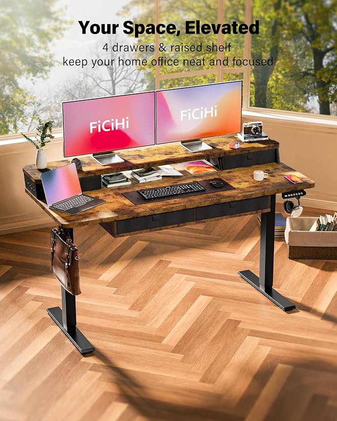 FiCiHi Electric Standing Desk with Four Drawers, 55 x 24 Inch Adjustable Height Sit Stand Desk, C-Clamp Compatible Home Office Desk with Storage Shelf & Monitor Stand Riser, Rustic Brown