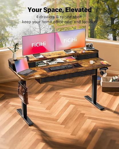 FiCiHi Electric Standing Desk with Four Drawers, 55 x 24 Inch Adjustable Height Sit Stand Desk, C-Clamp Compatible Home Office Desk with Storage Shelf & Monitor Stand Riser, Rustic Brown