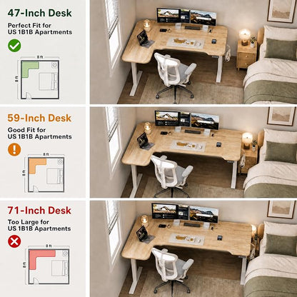 Grandder 47" L Shaped Standing Desk, Electric Height Adjustable Corner Stand Up Desk with Ergonomic Curved Round Corner for Small Apartment Home Office, Oak Desktop White Frame