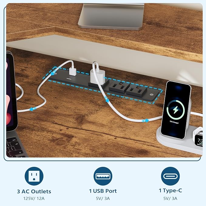 YOMILUVE Corner Desk with Power Outlets, Small Computer Desk with Drawers & Printer Shelf, Triangle Gaming Desk with LED Lights, Keyboard Tray and Monitor Stand for Small Space, Rustic Brown