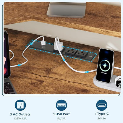 YOMILUVE Corner Desk with Power Outlets, Small Computer Desk with Drawers & Printer Shelf, Triangle Gaming Desk with LED Lights, Keyboard Tray and Monitor Stand for Small Space, Rustic Brown