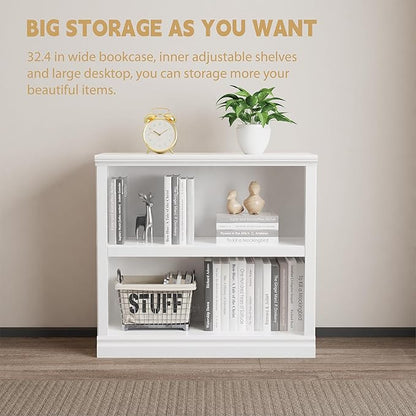 blini White Bookshelf and Bookcase Set of 2, Double Wide Large Bookshelves 2 Tier Wooden Bookshelf with Storage Cabinets for Living Room, Home Office, Library (White, 2 - Shelf)