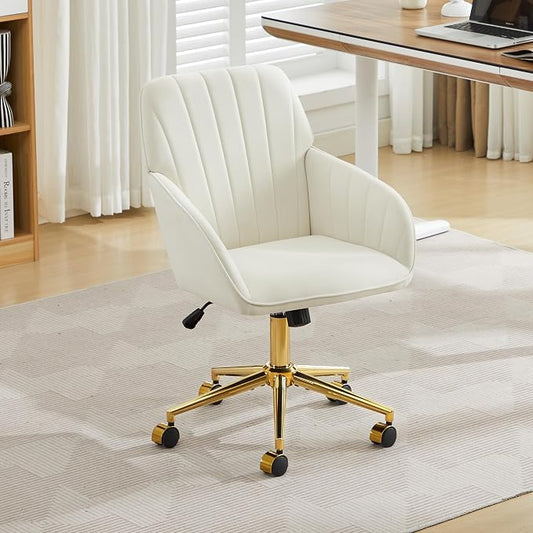 YITAI Velvet Office Desk Chair with Wheels and Gold Base,Modern Height Adjustable 360 Degree Swivel Upholstered Vanity Chairs with Arms for Living Room Bedroom, Study,Cream
