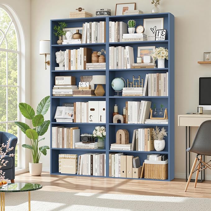 FOTOSOK 6-Tier Open Bookcase and Bookshelf, Freestanding Display Storage Shelves Tall Bookcase for Bedroom, Living Room and Office,Blue Set of 2