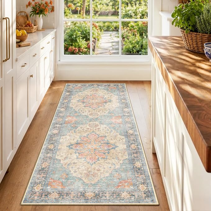 RELEANY Area Rugs Runner 2'x6' Washable Non-Slip, Floral Vintage Distress Medallion Carpet for Kitchen Hallway Bedroom Beside Laundry Room Bathroom, Blue Orange Red
