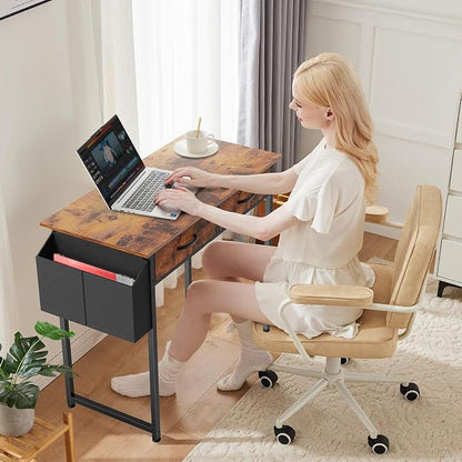 Sweetcrispy 32 Inch Small Computer Desk with Fabric Drawers for Bedroom Home Office, Writing Gaming Desks Study PC Table with Side Bag and Headphone Hook, Rustic Brown