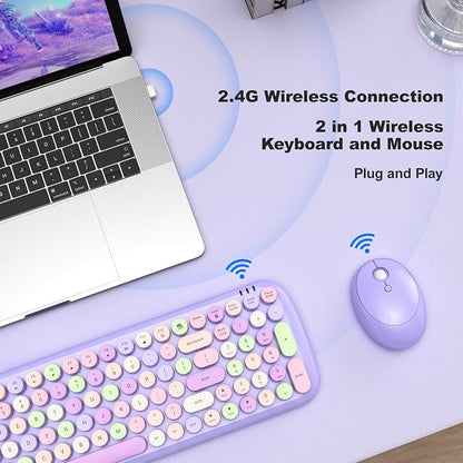 Wireless Keyboard and Mouse Combo, 2.4GHz Wireless Retro Keyboard and Mouse for PC/Laptop/Desktop/Windows (Purple Colorful)