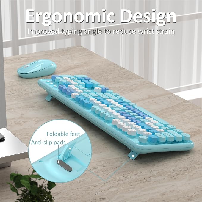 Links9+ Wireless Keyboard and Mouse, Full-Size Retro Typewriter Keyboard with Round Keycaps, 2.4GHz for Windows, Mac, Laptop, PC, Desktop (Blue Colorful)