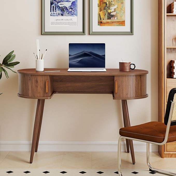 Mid-Century 43" Small Wood Desk, Home Office Writing Desk with Storage, Unique Design Fluted Vanity Table Desk for Bedroom, Study Room