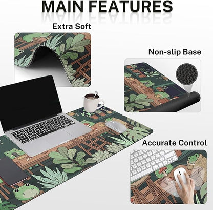 Britimes Cute Frog Summer Keyboard Mouse Pad Set Kawaii Green 4in1 Large Mousepad+Keyboard Wrist Rest+Mouse Wrist Rest+Coaster Ergonomic Design for Home Office Computer 35.4x15.7 inches