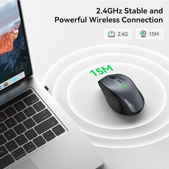TECKNET Wireless Mouse, 2.4G USB Computer Mouse with 6-Level Adjustable 4800 DPI, Silent Quiet Click，30 Months Battery, Ergonomic Grips, 6 Buttons Portable for PC, Chromebook, Mac - Grey