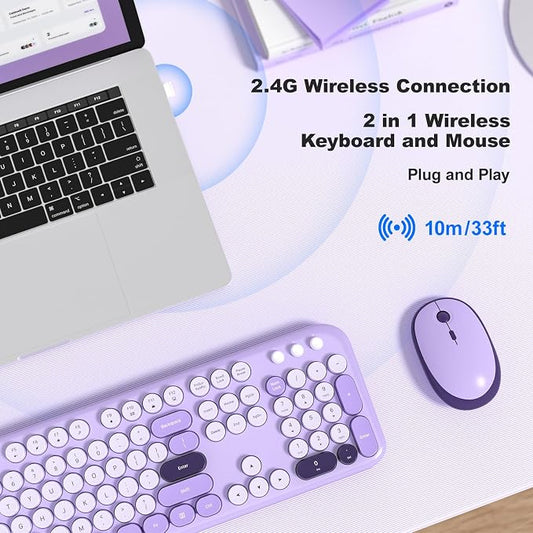 MOFII Wireless Keyboard and Mouse Combo, 2.4GHz Retro Typewriter Keyboard Full Size and Silent Mouse, 2-in-1 USB Receiver Plug and Play, for Laptop, PC, Desktop, Windows (Violet)