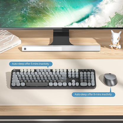 Wireless Keyboard and Mouse Set, Retro Typewriter, 2.4GHz Full Size 104-Key Cute Keyboard with Number Pad, Colorful Keyboard with Round Keycaps for Windows PC Laptop(Black Gray)