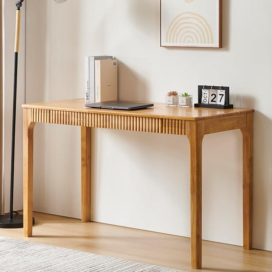 Solid Wood Desk with Drawers, Light Wood Desk for Small Spaces, Small Writing Desk for Bedroom, Gaming Study Home Office Wooden Desks for Work, 39 inch Wood Computer Desk