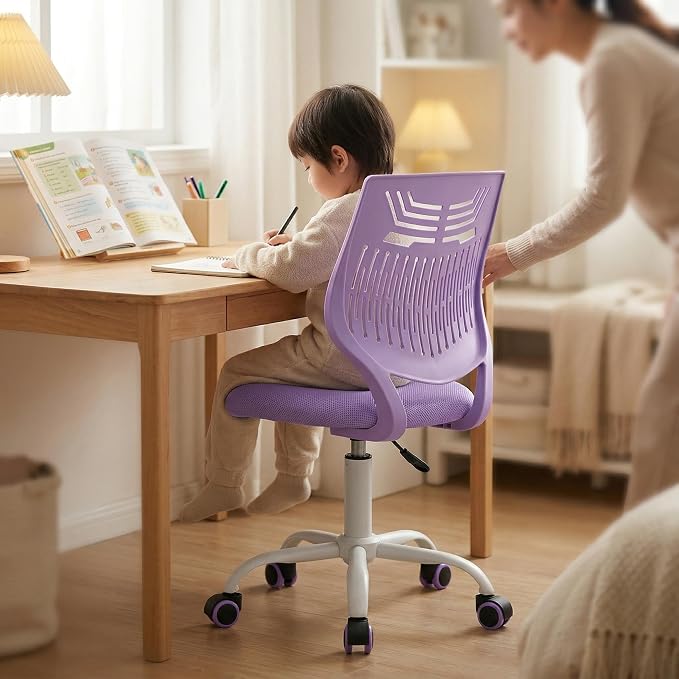 FurnitureR Desk Chair, Armless Home Office Task Chair with Mesh Padded Cushion, Swivel Study Computer Chair with Rolling Wheels for Children Kids Teens Students, Purple