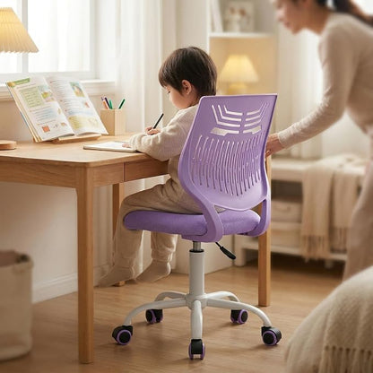 FurnitureR Desk Chair, Armless Home Office Task Chair with Mesh Padded Cushion, Swivel Study Computer Chair with Rolling Wheels for Children Kids Teens Students, Purple