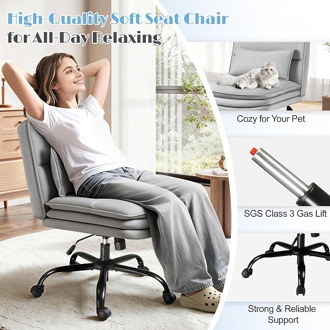 Furmax Criss Cross Legged Office Chair with Wheels, Armless Extra Wide Seat Swivel Desk Chair, Adjustable Height Comfy Task Chair with Thick Cushion for Home Office Bedroom Vanity (Fabric, Grey)