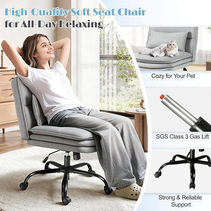 Furmax Criss Cross Legged Office Chair with Wheels, Armless Extra Wide Seat Swivel Desk Chair, Adjustable Height Comfy Task Chair with Thick Cushion for Home Office Bedroom Vanity (Fabric, Grey)
