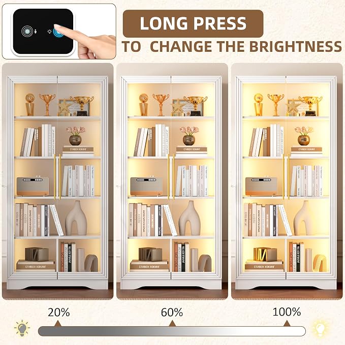 Vlsrka LED Display Cabinet with Glass Doors, Modern Storage Cabinet with 5 Tier Adjustable Shelves, Human Sensor, for Collectibles, 65" Tall Bookcase for Home Office Living Room, White