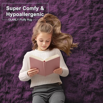 OLANLY 2x5 Machine Washable Runner Rugs for Hallway, Soft Fluffy Shaggy Bedside Rugs for Bedroom, Living Room, Indoor Floor Carpet for Kids Girls and Boys, Home Decor Aesthetic, Dark Purple