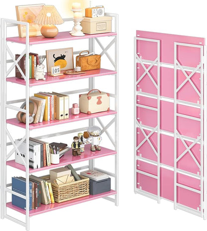 4NM Extra Wide 5 Tiers No Assembly Book Shelves, 51.2" H Folding Bookshelf Bookcase Open Industrial Foldable Shelves for Bedroom, Living Room, Home Office - Pink White