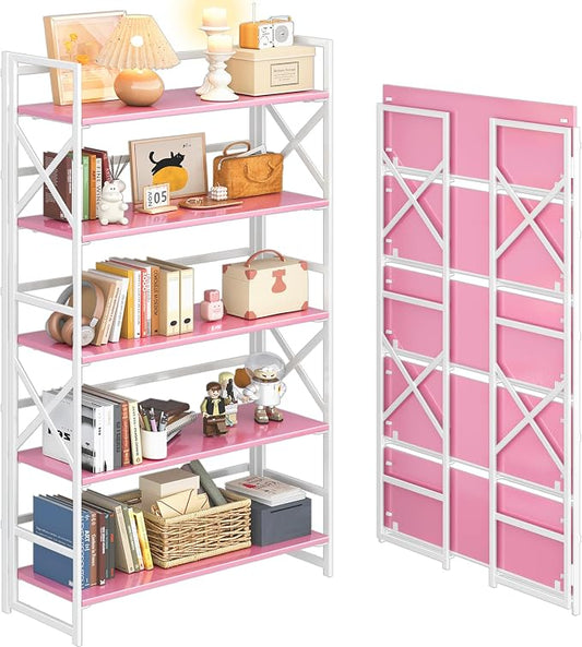 4NM Extra Wide 5 Tiers No Assembly Book Shelves, 51.2" H Folding Bookshelf Bookcase Open Industrial Foldable Shelves for Bedroom, Living Room, Home Office - Pink White