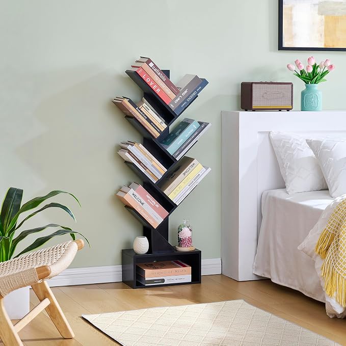 Hoctieon 6 Tier Tree Bookshelf, Tall Bookcase with Drawer, Freestanding Book Shelf, Display Floor Standing Storage Shelf, Book Organizer Shelves for Home Office, Living Room, Bedroom, Black