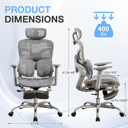 Ergonomic MeshOffice Chair with 2-Zone Lumbar Support and Footrest,Grey | Big and Tall, 400LBS, Adjustable Seat Depth, 4D Headrest, 4D Armrests Swivel Executive Chair for Home Office