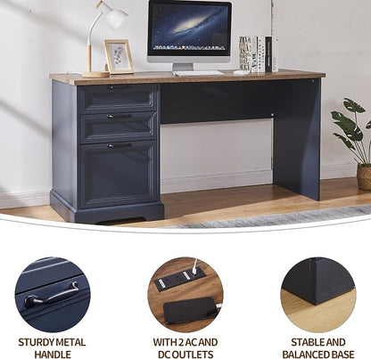60" Farmhouse Executive Desk and 40" Mobile File Cabinet Combination,L Shaped Executive Desk with Charging Station,Home Office Desk for Office Work,Home Study (Blue)