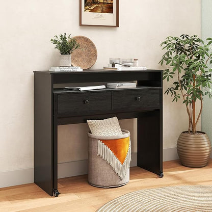 Giantex Small Computer Desk with Hutch & Drawers, Extendable Writing Desk w/Pull Out Secondary Table, Monitor Stand & Rolling Wheels, Console Table, Compact Desk for Small Spaces, Home Office (Black)