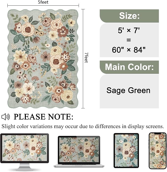 DUKINO 5x7 Area Rug, Floral Washable Rugs for Living Room with Non Slip Backing & Non-Shedding, Lightwight Low Pile Boho Design Large Carpets for Bedroom, Living Room, Dining Room, Sage Green