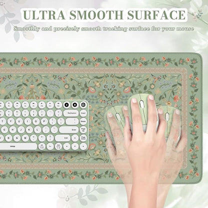 iCasso Aesthetic Floral Desk Mat, L Mouse Pads, Anti-Slip Mousepad with Stitched Edges, Waterproof Computer Pad 11.8"x31.5", Desk Accessories Office Decor for Women(Light Green)