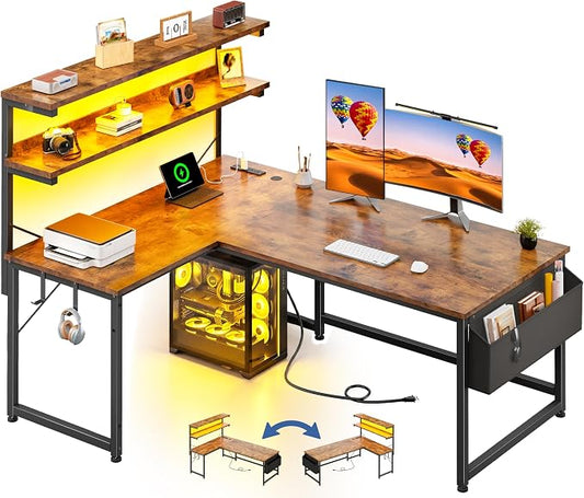 DurayLoly L Shaped Gaming Desk with LED Light & Power Outlet, 43.3 Inch Reversible Computer Desk with Shelf & Storage Bag & Hook for Home Office, Rustic Brown
