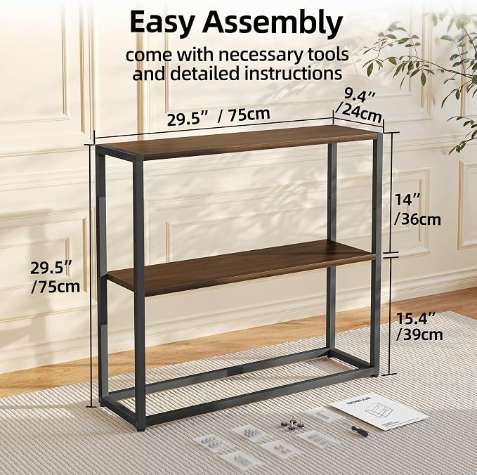 TIQLAB Console Table with Shelves, 29.5" Small Entryway Table Narrow Sofa Table, Couch Table, Side Table, Entry Table for Hallway, Living Room, Small Space, Walnut