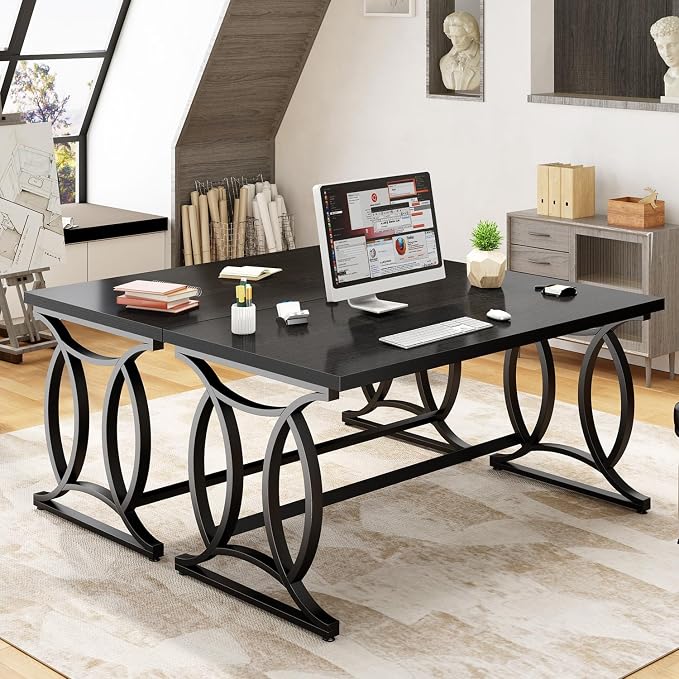 HSH Black Home Office Desk, 55 Inch Metal Wood Computer Desk, Simple Modern Study Executive Desk for Work Writing, Modern Student Gaming Computer PC Table for Bedroom Living Room,Blach Oak
