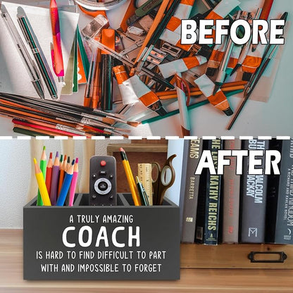 Coach Gifts Pen Pencil Holder Organizer for Desk, Best Coach Gift, Thank You Appreciation Gifts for Coaches Women Men Wooden Box Sign for Home Office Workplace Desk Tabletop Decorations