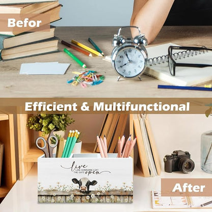 DILSJ Cow Inspirational Pen Pencil Holder Organizer for Desk, Cow Gifts for Women Men, Live Like Someone Left the Gate Open Wooden Box Signs for Home Office Desk Tabletop Decoration