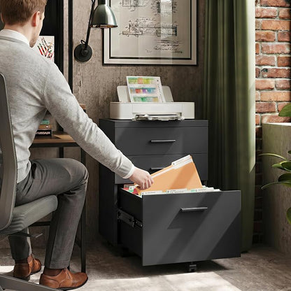 DEVAISE 3 Drawer File Cabinet for Home Office, Wood Under Desk Filing Cabinet, Rolling Printer Stand with Wheels, Black