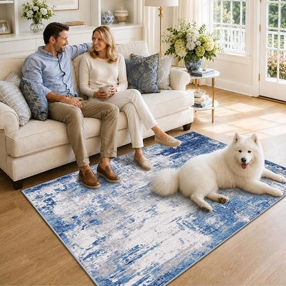 RELEANY Washable Area Rugs 4'x6' Non-Slip Modern Abstract Soft for Living Room Entryway Bedroom Kitchen, Print Pattern, Blue Grey Navy Gray