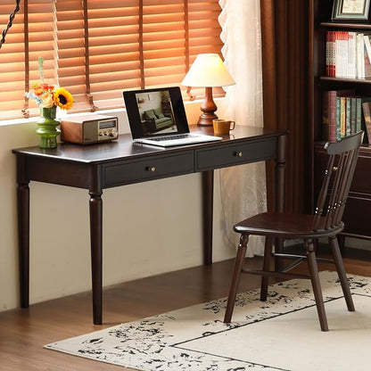 Solid Wood Work Desk, Retro Mid Century Modern Home Office Desk Featuring Drawers and Hand-Carved Legs, Multi-Functional Writing Table for Study & Daily Office Work 55.11" W