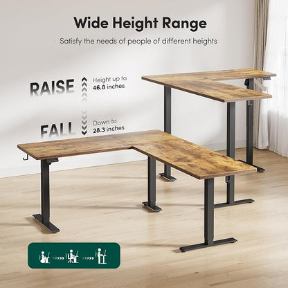 BANTI L-Shaped Standing Desk - 75 x 63 Inch Adjustable Corner Standing Desk with Charging Station - L Shape Sit Stand Table with Memory Controller, Splice Board for Home Office, Rustic Brown