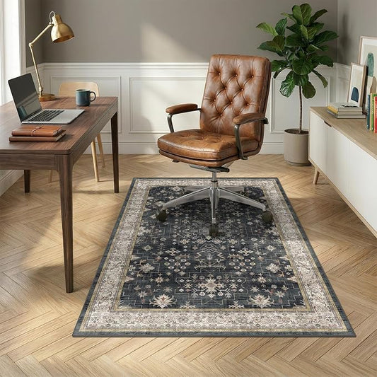4x5 Black Boho Office Chair Mat for Hardwood & Tile Floor, Floor Protector for Heavy Duty Office Chair, Low Pile & Ultra Soft Under Desk Carpet, Non Slip Rubber Backing, Machine Washable Area Rug