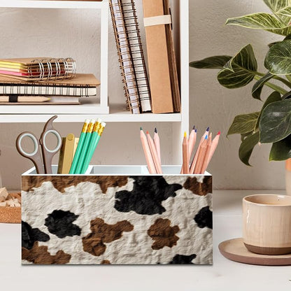 DILSJ Western Cow Print Pen Pencil Holder Organizer for Desk, Cow Lovers Gifts for Women Men, Rustic Country Western Cowhide Wooden Box Signs for Home Office Desk Tabletop Decoration