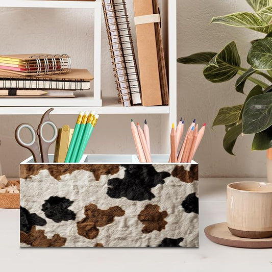 DILSJ Western Cow Print Pen Pencil Holder Organizer for Desk, Cow Lovers Gifts for Women Men, Rustic Country Western Cowhide Wooden Box Signs for Home Office Desk Tabletop Decoration